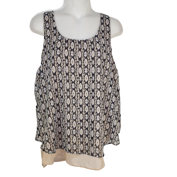 Maurices Tank Top Blouse Large Double Layer Black Tan Print Overlay Split Back - Picture 1 of 9